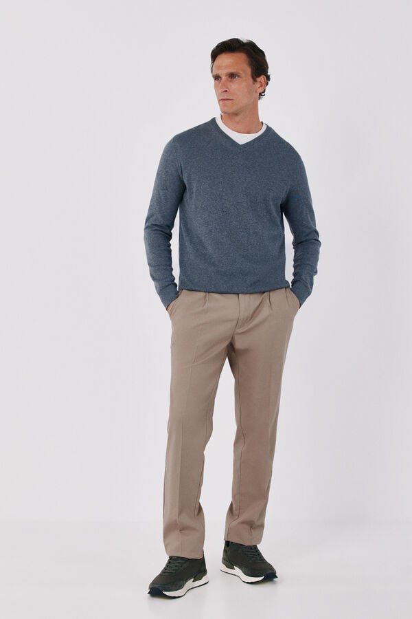 Cortefiel Cotton cashmere knit V-neck jumper Grey