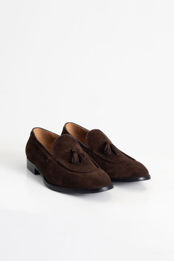 PuroEGO Mocas&iacute;n borlas serraje piel Marr&oacute;n oscuro