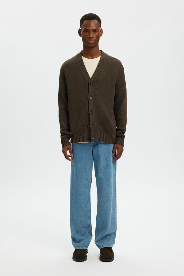 Selected Casaco de malha de l&atilde; com gola em V Castanho