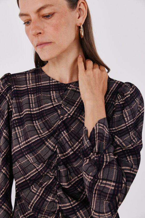 Cortefiel Fitted checked ruffle blouse Printed grey
