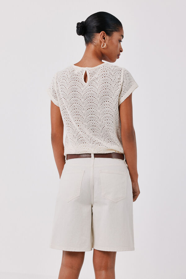 Cortefiel Embroidered crochet t-shirt Ivory