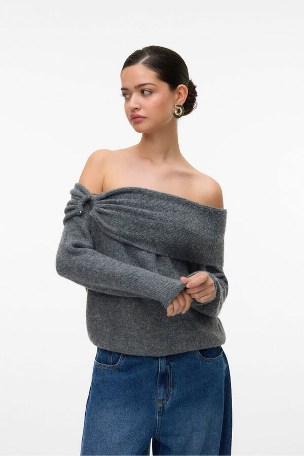 Vero Moda Camisola feminino de malha macia de malha manga Cinzento