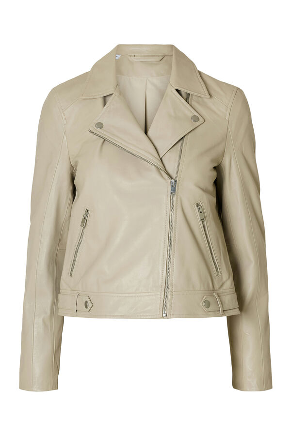 Selected Femme Blusão biker cropped 100% couro. Castanho