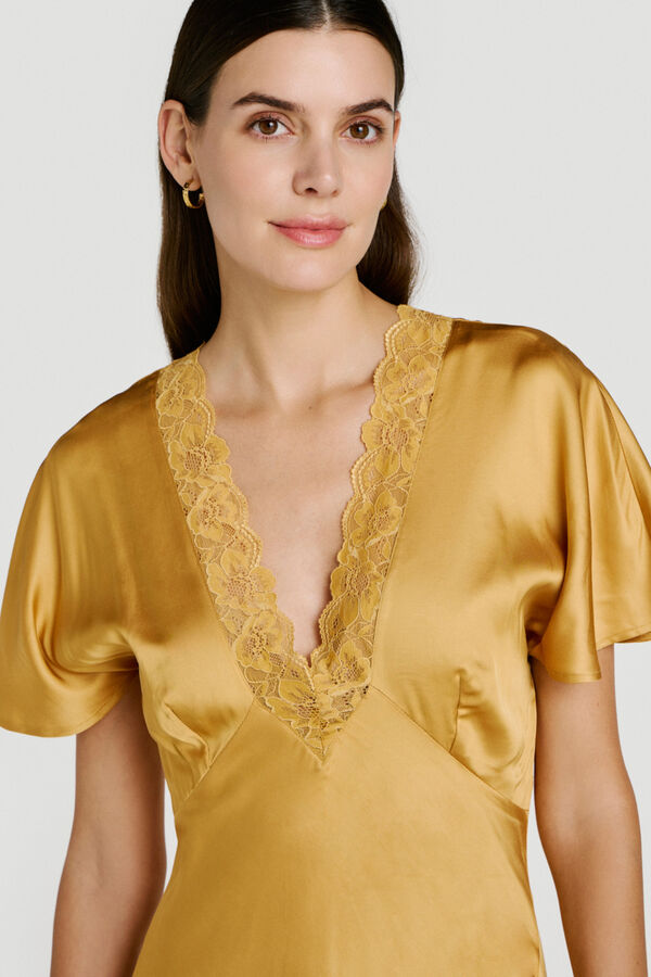 Vila Satin-finish lace party dress Gold