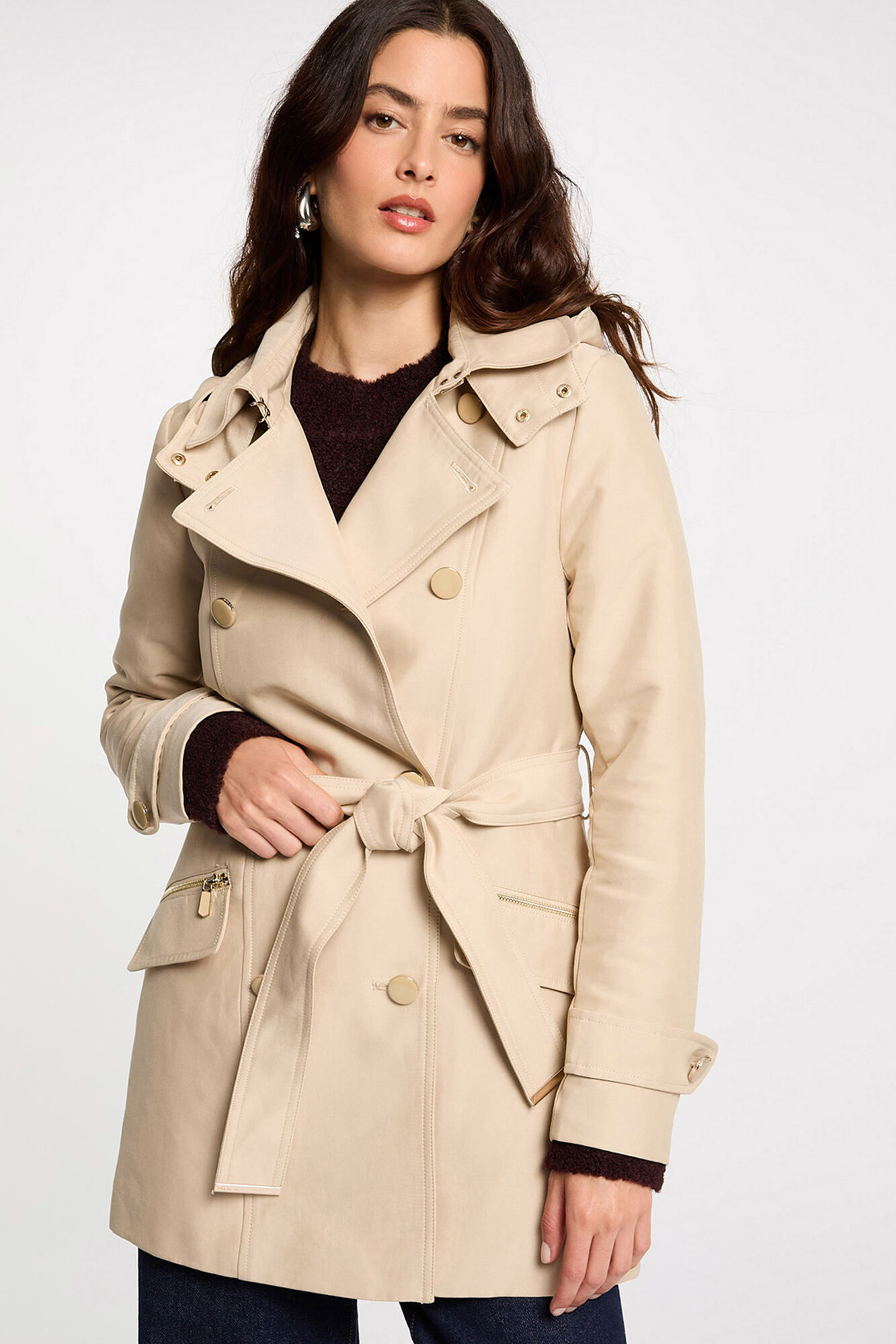 Morgan Trench coat justo com cinto e capuz