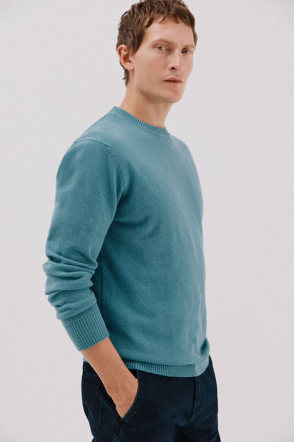 Cortefiel Lambswool jumper with round neck Blue