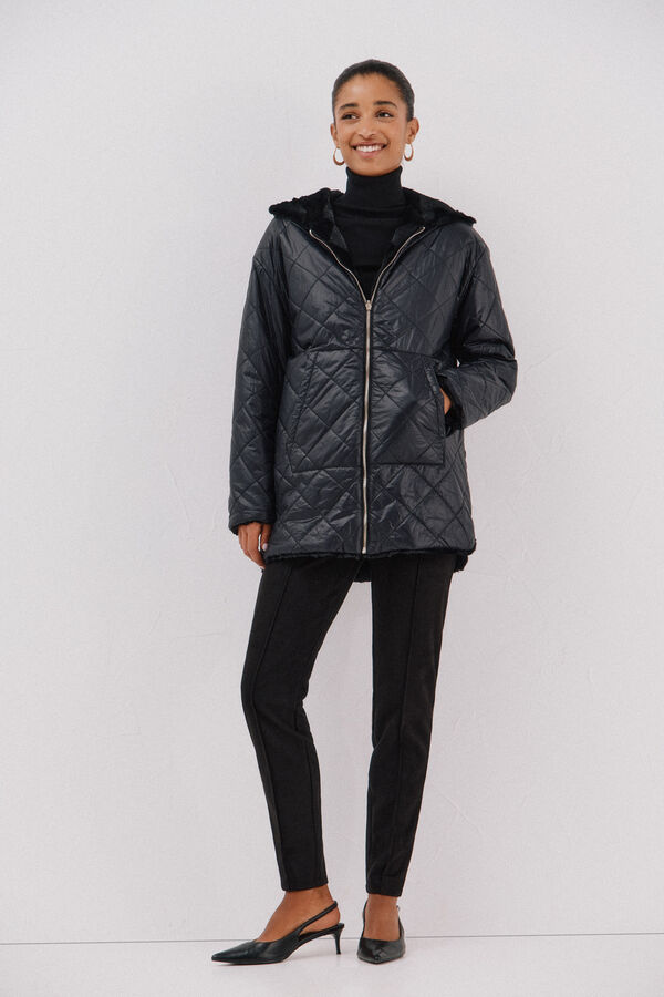 Cortefiel reversible quilted anorak with fur effect Black