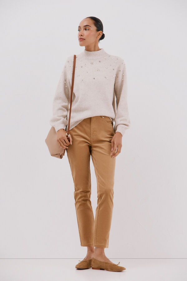 Cortefiel Jersey with rhinestones and pearls Ivory