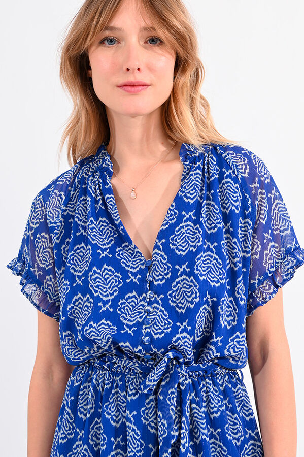 Cortefiel Printed short sleeve dress with ruffles and tie detail Blue