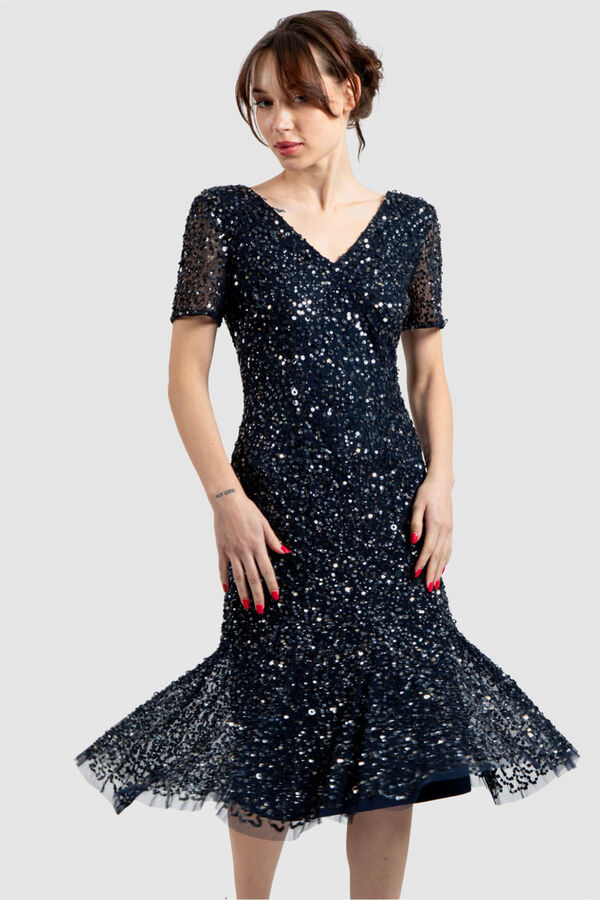 Cortefiel Midi dress with sequinned ruffle Navy