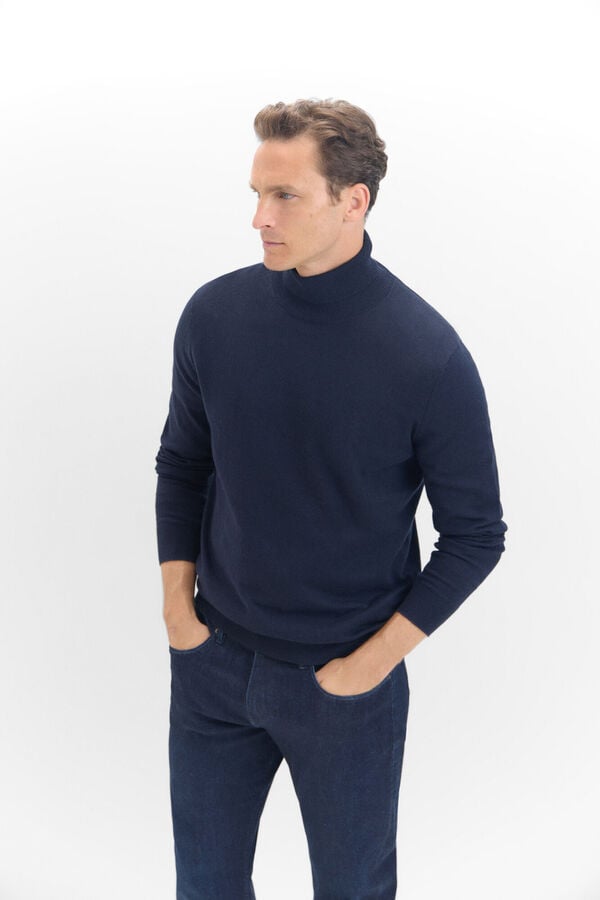 Cortefiel Cotton/silk cashmere high neck jumper  Navy