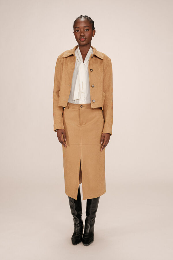 Grace & Mila Short faux suede jacket in camel color Beige