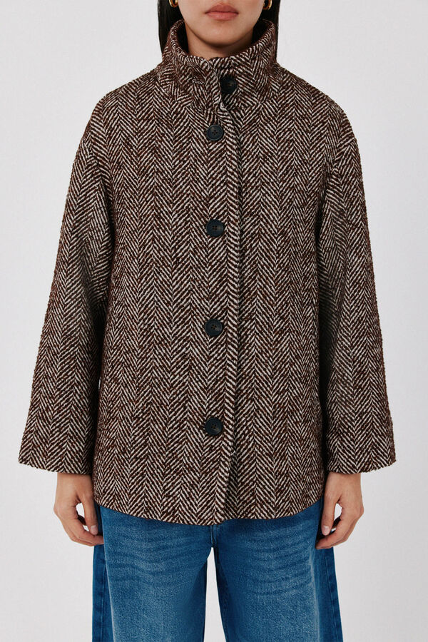 Cortefiel Short funnel neck coat Printed brown