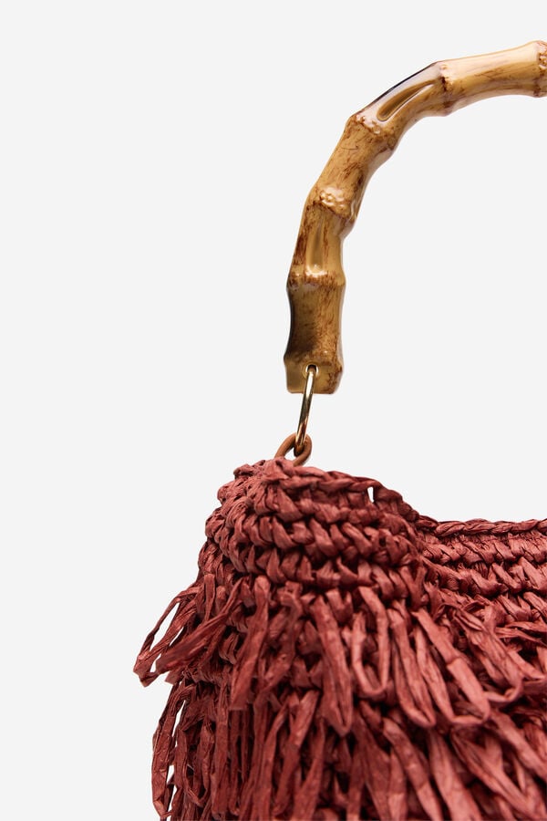 Cortefiel Raffia fringed handbag Brown