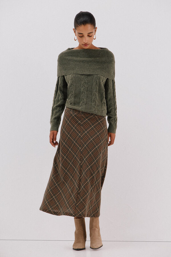Cortefiel Checkered cape skirt Printed green