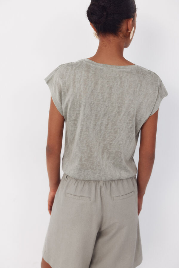 Cortefiel Linen -effect patchwork t-shirt Kaki