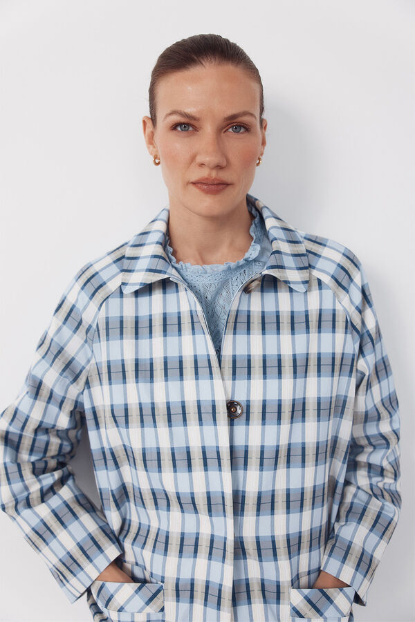 Cortefiel Long plaid trench coat Printed blue