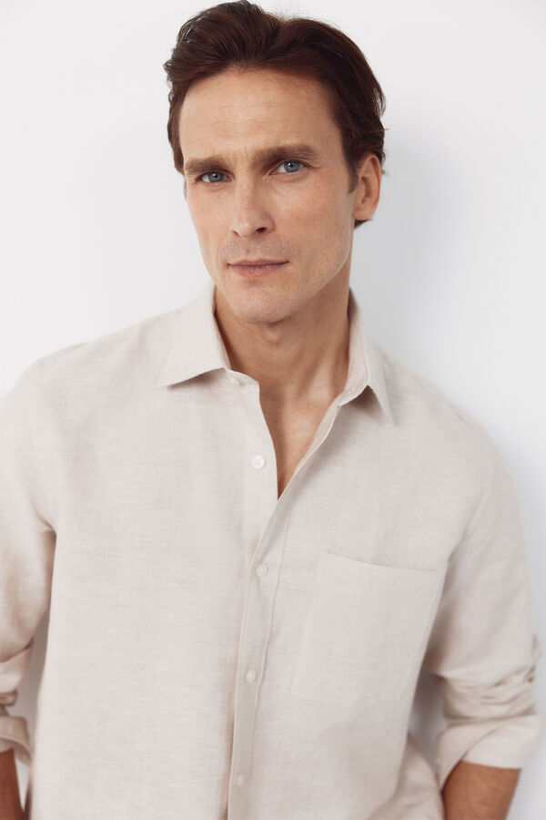 Cortefiel Striped linen cotton shirt Beige