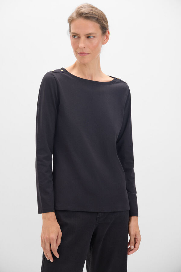 Cortefiel Essential boat neck T-shirt with gold buttons Black