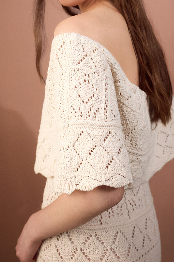 Slowlove Vestido decote rendado com folho Ecru