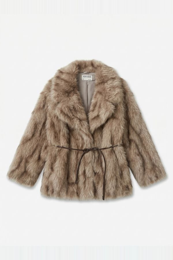 Vero Moda Faux fur belted jacket Brown