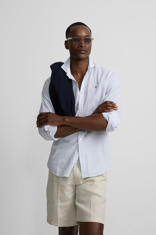 Silbon Camisa sport lino rayas Azul