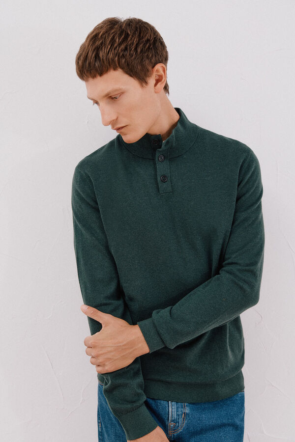 Cortefiel Cotton/silk cashmere high neck jumper Dark green