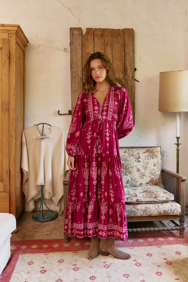 Jaase Vestido longo Teresa com estampado de ruibarbo Granada