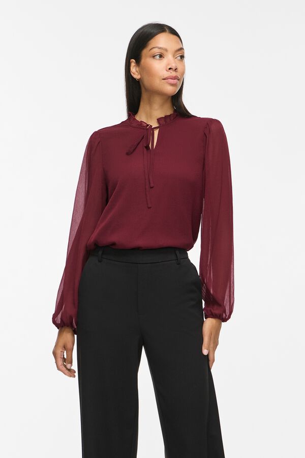 Vila Blusa semitransparente com gola franzida Vermelho