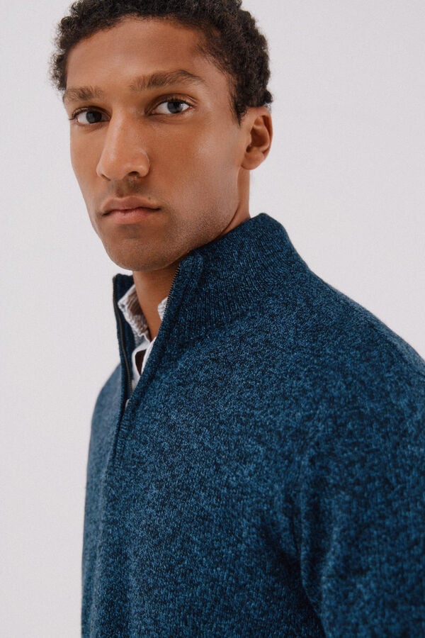 Cortefiel Twisted-knit wool jumper with zip Navy
