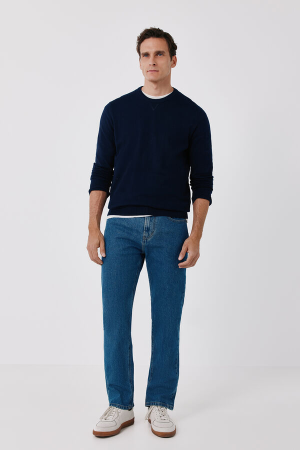 Cortefiel Cotton fine knit round neck jumper Navy