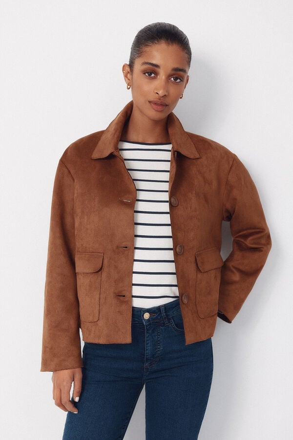 Cortefiel Jaqueta em tecido com efeito camur&ccedil;a Tostado