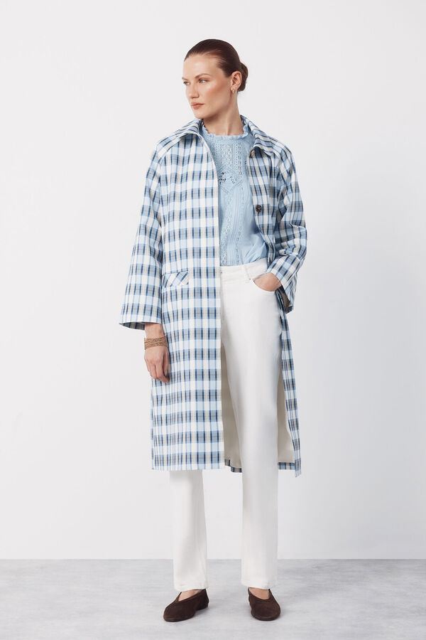 Cortefiel Long plaid trench coat Printed blue