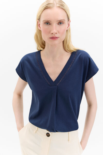 Cortefiel Camiseta pico con detalle puntilla Azul marino
