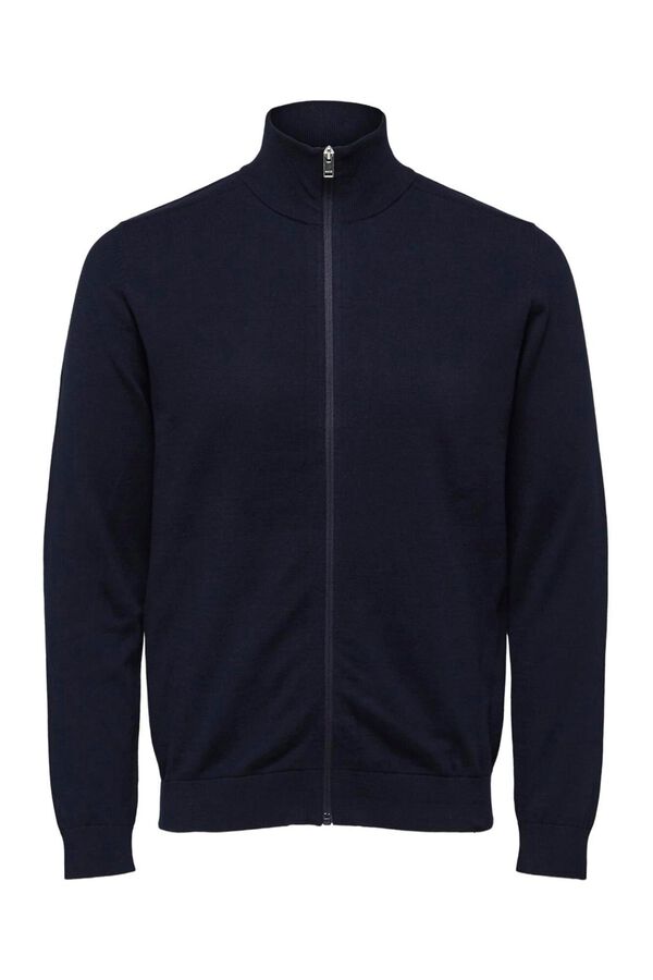 Selected High neck cardigan made of organic cotton. Regular fit.  Navy