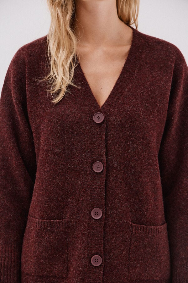 Cortefiel Cardigan largo bolsillos Vino