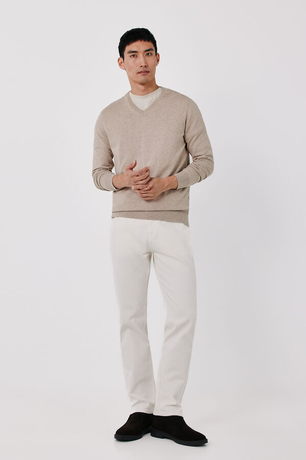 Cortefiel Cotton cashmere knit V-neck jumper Beige