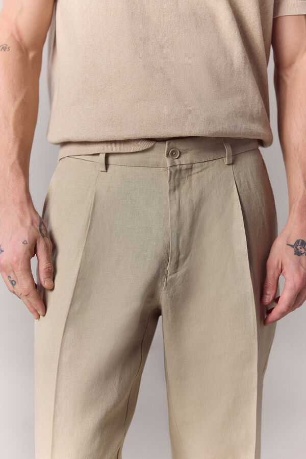 OOTO Cal&ccedil;a de fato coordenado em linho Tostado