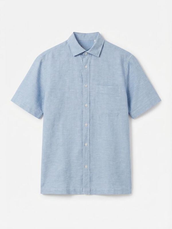 Cortefiel Camisa de algod&atilde;o e linho lisa de manga curta Azul