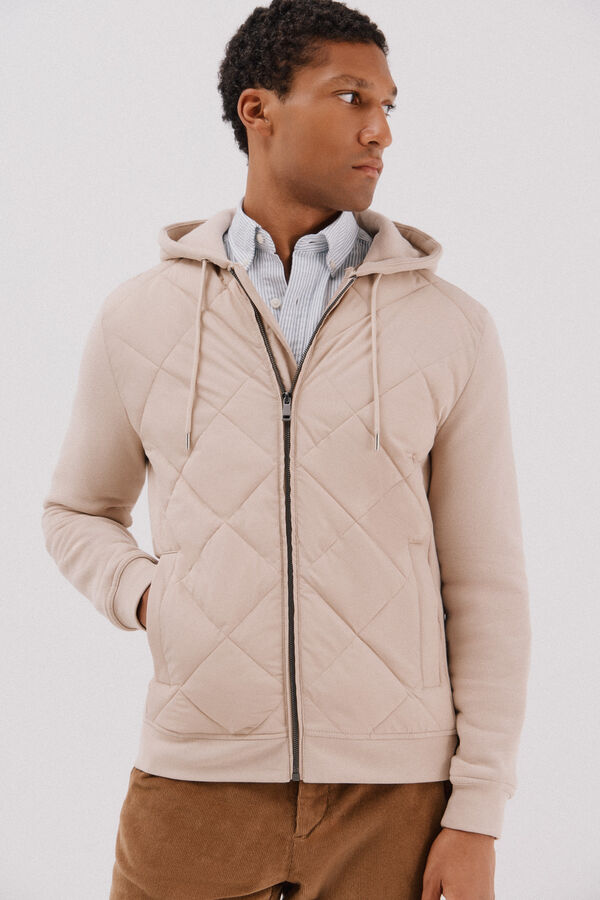 Cortefiel Cárdigan capucha tejido combinado Beige