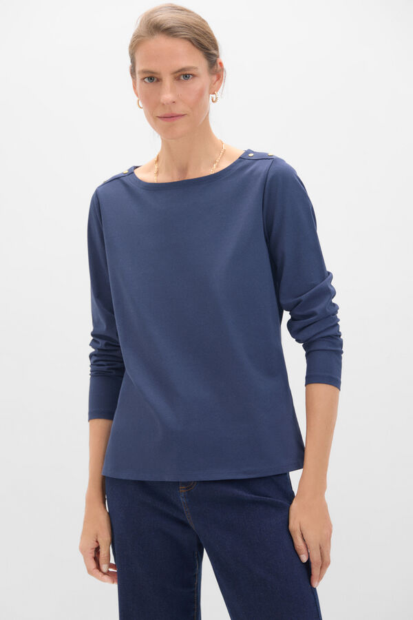 Cortefiel Essential boat neck T-shirt with gold buttons Navy