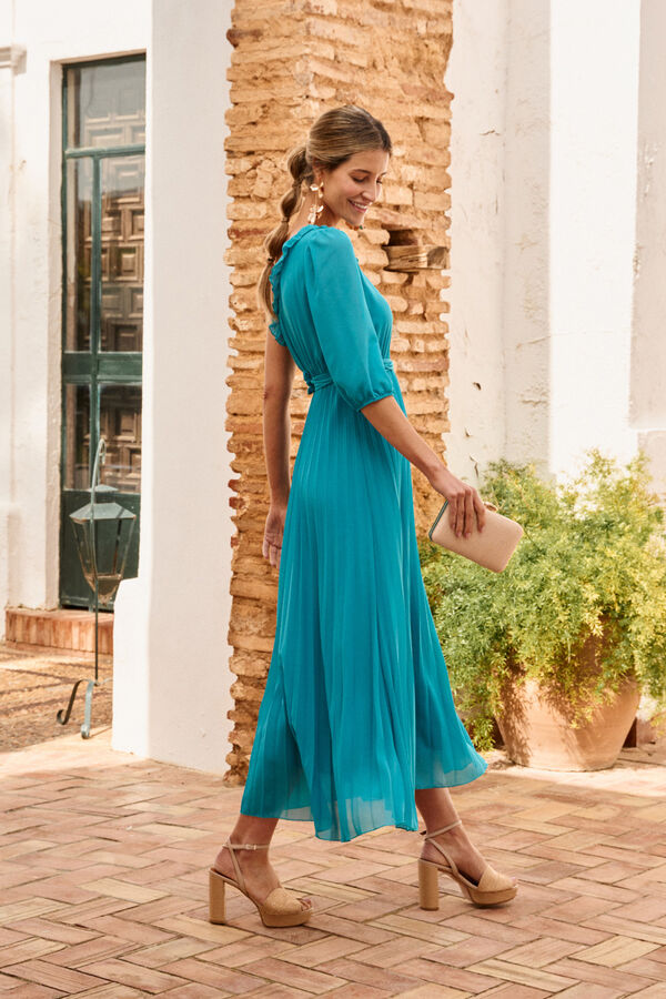 Cortefiel Pleated dress with one sleeve Turquoise