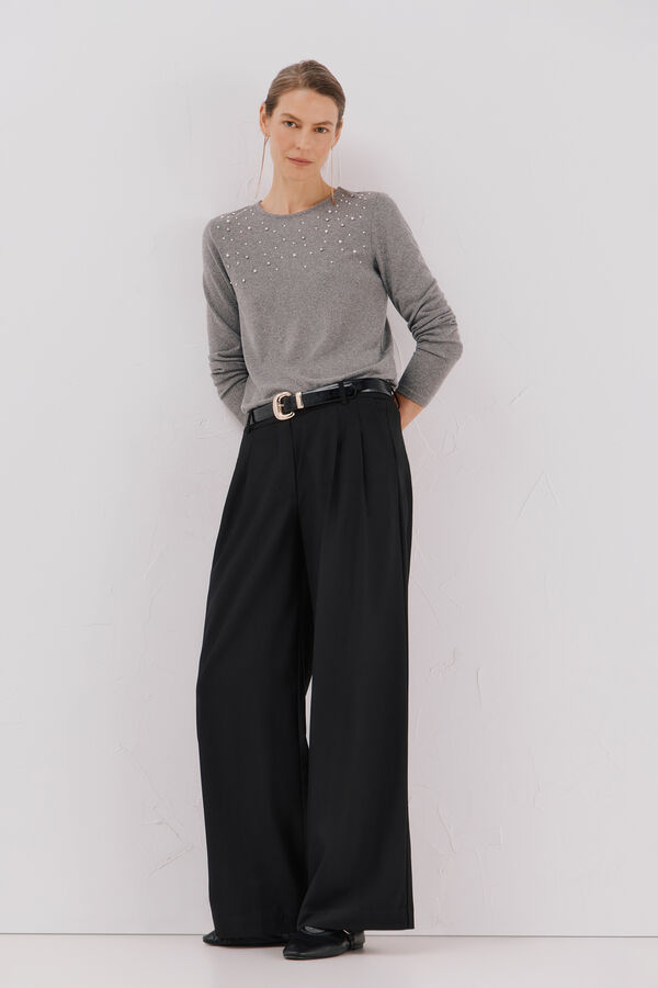 Cortefiel T-shirt with pearl and rhinestone details Grey