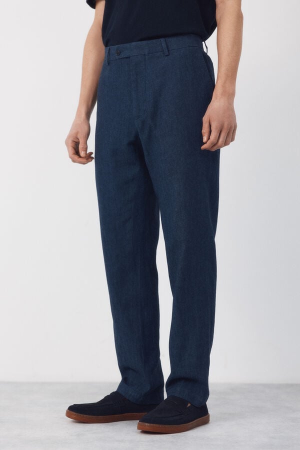 Cortefiel Cal&ccedil;as coordenadas em mistura de linho Azul