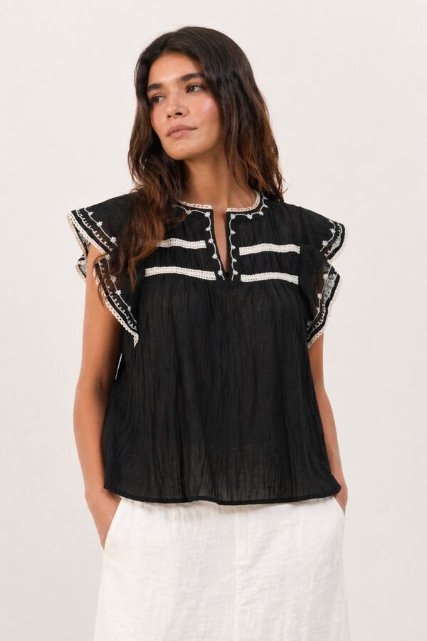 Vila Blusa com bordados em algod&atilde;o org&acirc;nico Impress&atilde;o