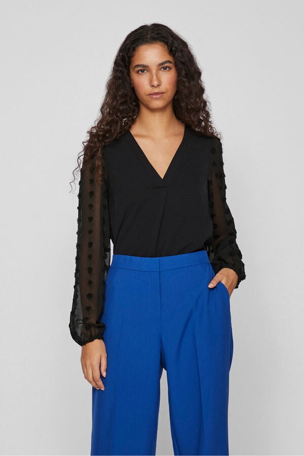 Vila Blusa com plumeti nas mangas Preto
