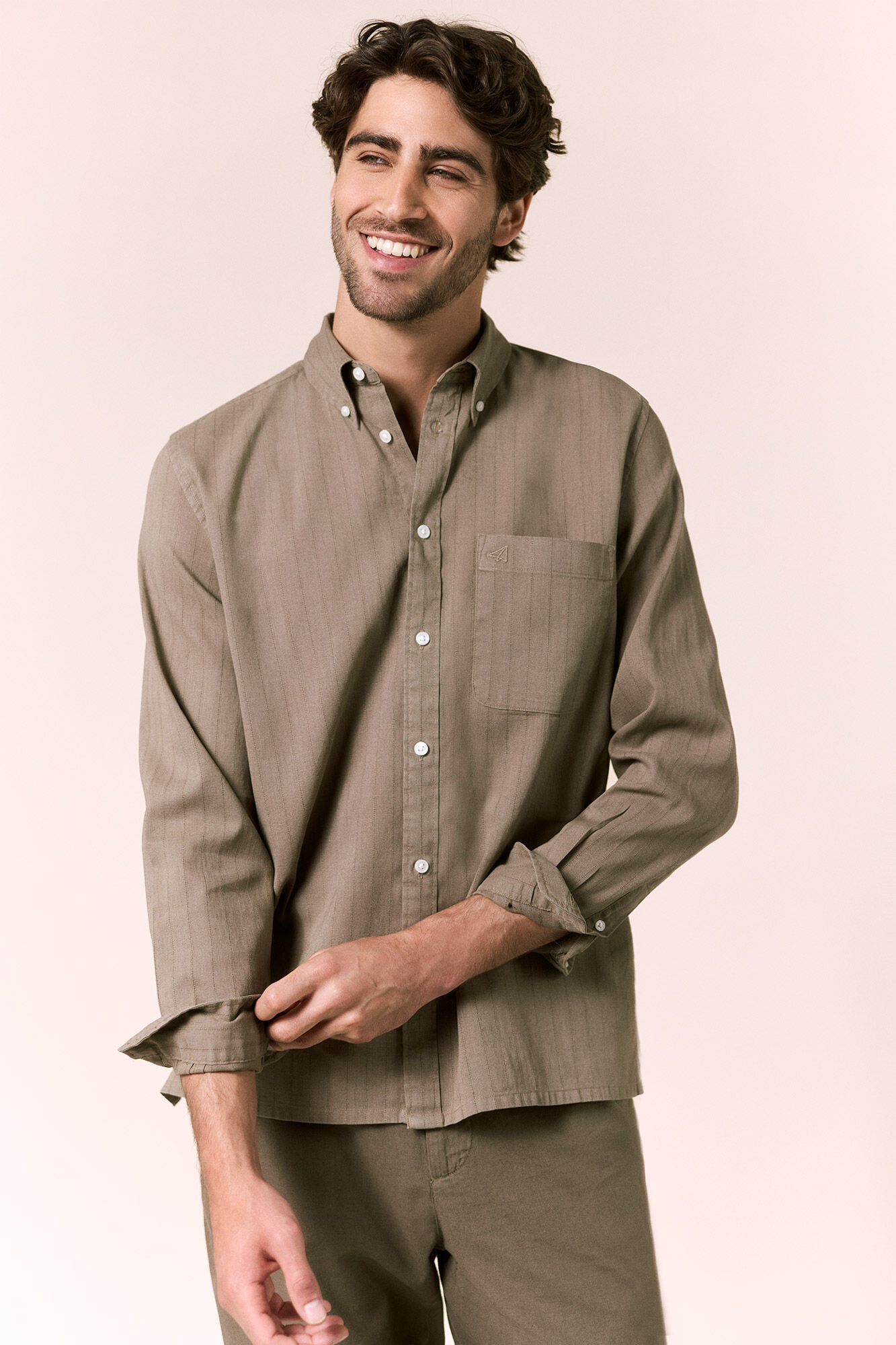 OOTO Camisa de linho de manga comprida &agrave;s riscas