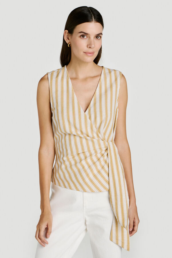 Vila Top de mulher cruzado com la&ccedil;ada de linho Ecru
