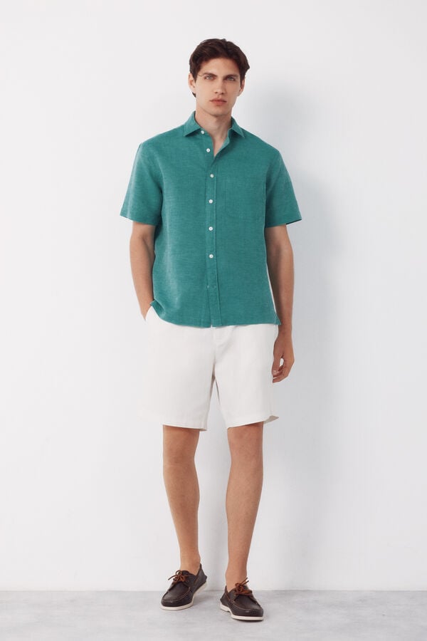 Cortefiel Plain cotton linen short sleeve shirt Green