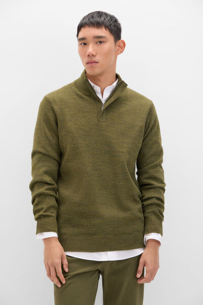 Cortefiel Twisted-knit wool jumper with zip Green